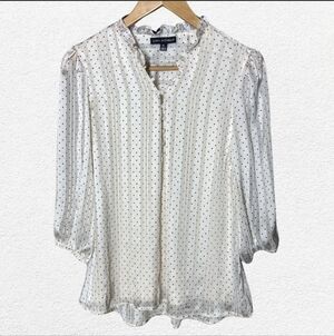 Sara Michelle Pearl White Button Up Dainty Polka Dot Blouse Womens Size L